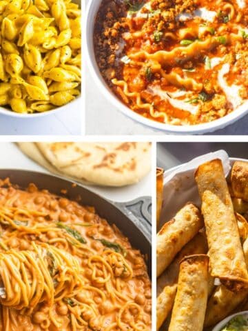 Collage of various cozy vegan comfort food recipes.