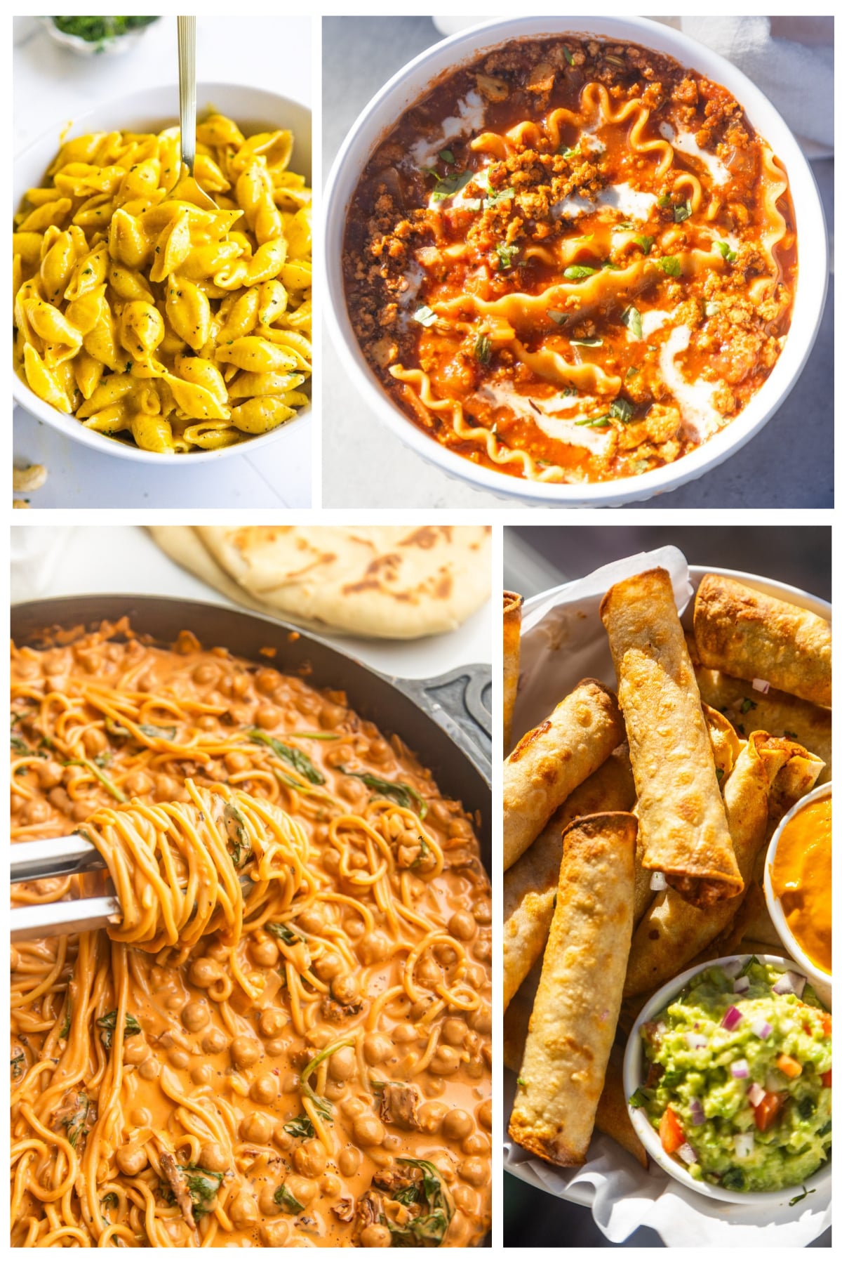 Collage of various cozy vegan comfort food recipes.