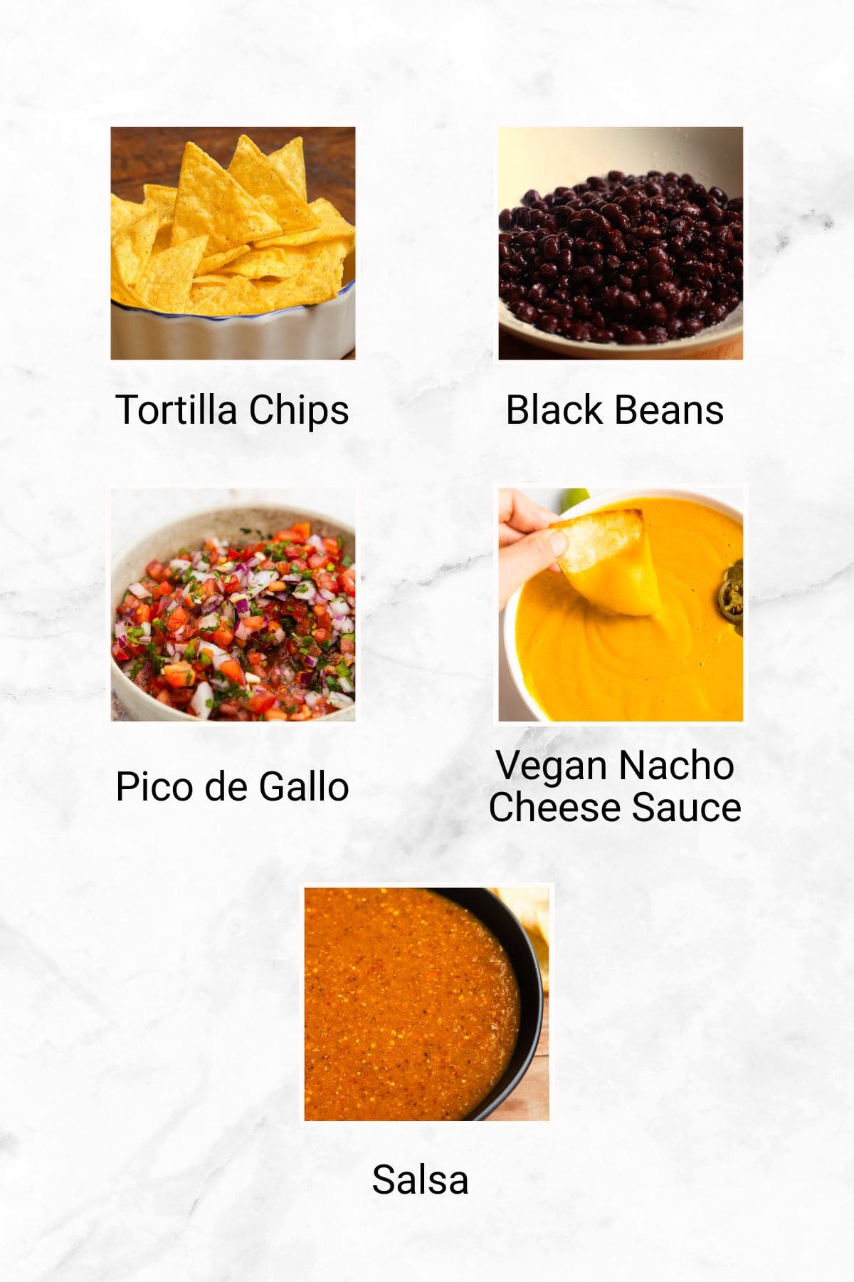 Ingredients for easy vegan loaded nachos shown (chips, beans, pico de gallo, cheese sauce, and salsa).